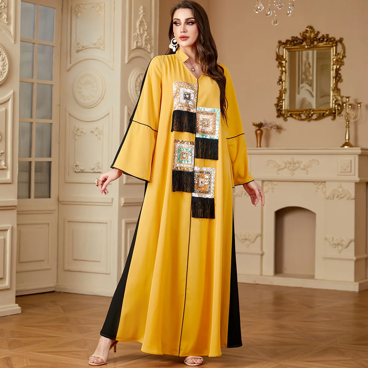 4132 Women's Robe New Fashionable Contrast Splicing Muslim Long Skirt Dress