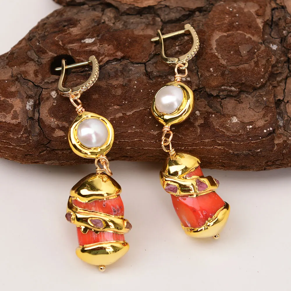 GG Natural White Pearl Orange Coral Branch Gold Plated CZ Hook Dangle Earrings