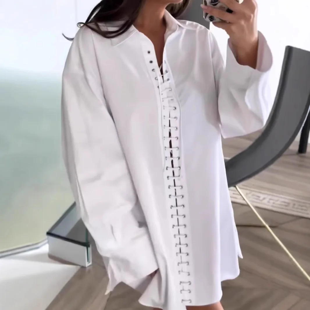 여성용 화이트 캐주얼 루즈 롱 셔츠, 우아한 긴소매 오버사이즈 블라우스, 가을 겨울 패션 레이스업 홀터넥 탑 2025