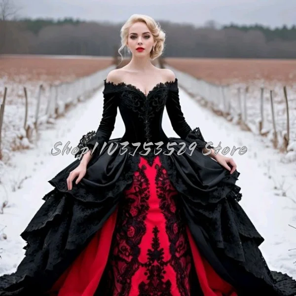 Classic Gothic Black Red Wedding Dress Lace Long Sleeve Bodycon Corset Appliqued Lace Up Pleated Bloodsucking Bridal Customised