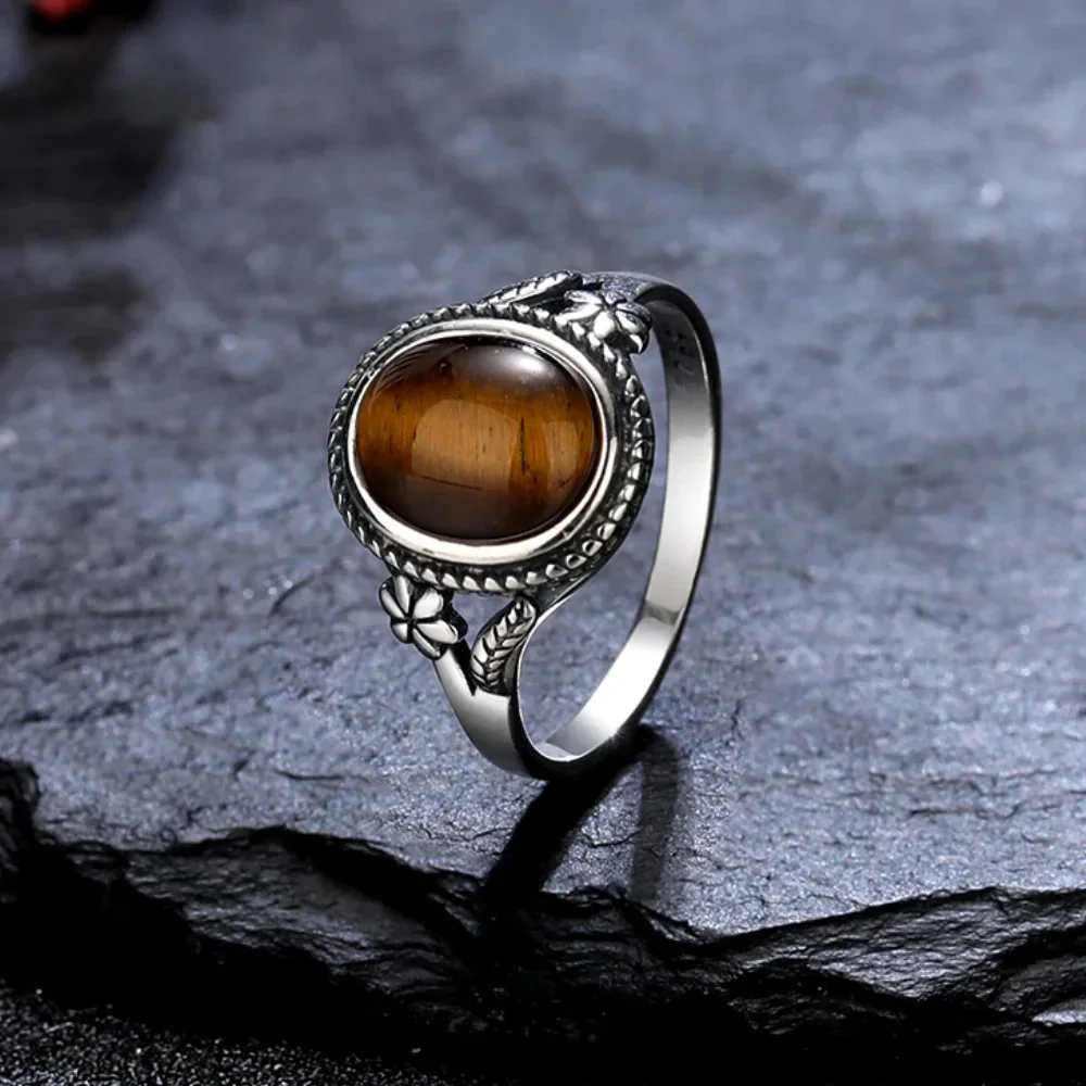 925 Sterling Silver Natural Tiger\'s Eye 8*10mm  Ring for Women Gift Flower Shaped Black Agate Ring Fashion Jewelry