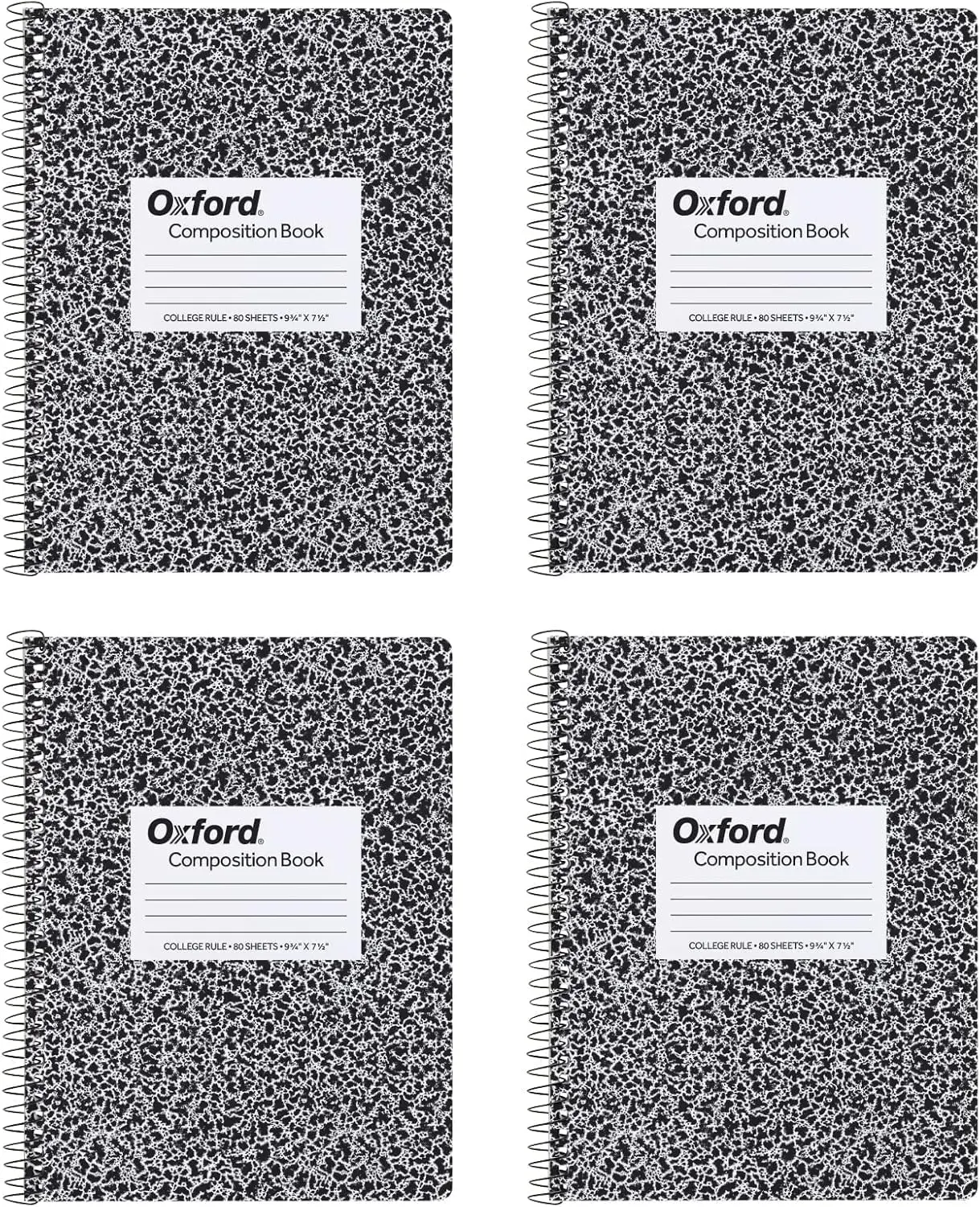 

4 Pack College Ruled Spiral Notebooks, 80 Sheets Each, 9.75"x7.5", Black Marble Cover