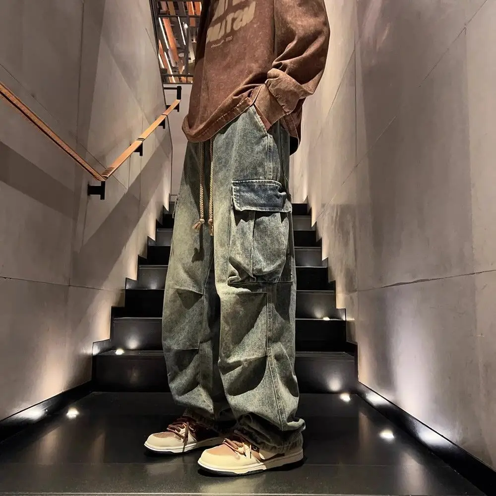 High Street hip-hop ผู้ชายและผู้หญิงอินเทรนด์บุคลิกภาพกระเป๋าขนาดใหญ่ขาตรงล้างกางเกงยีนส์คู่ Retro Casual กางเกง y2k
