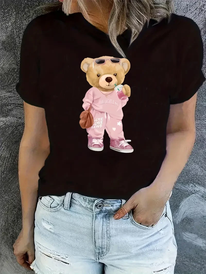Niedlicher Cartoon-Bär, der Saft trinkt, bedruckt, kurzärmeliges T-Shirt, kurzärmeliges T-Shirt, Kleidung, Damen-T-Shirt, Kleidung, Top-T-Shirt