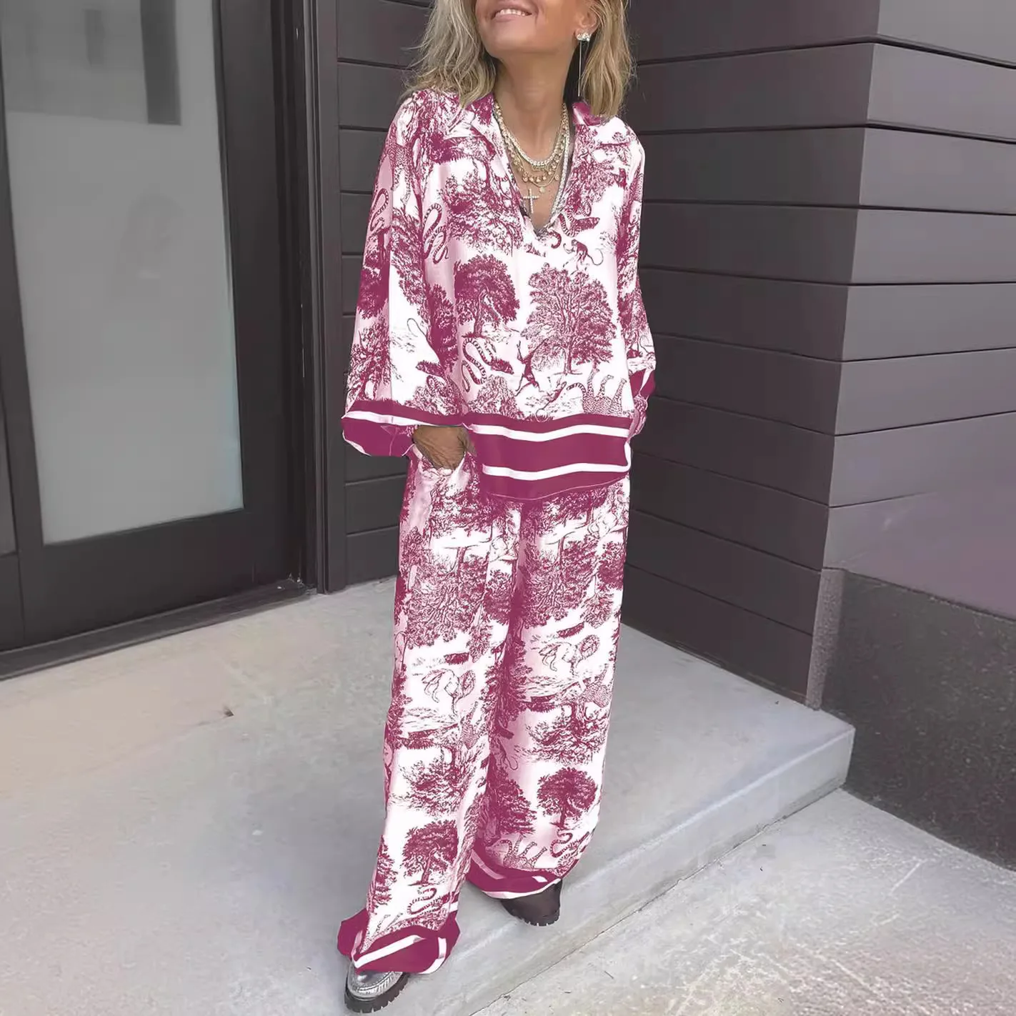 Vintage Print T Shirt Pant Sets Women V-neck Long Sleeve T Shirts Two Piece Set Autumn Winter Casual Loose Wide Leg Pants Suit