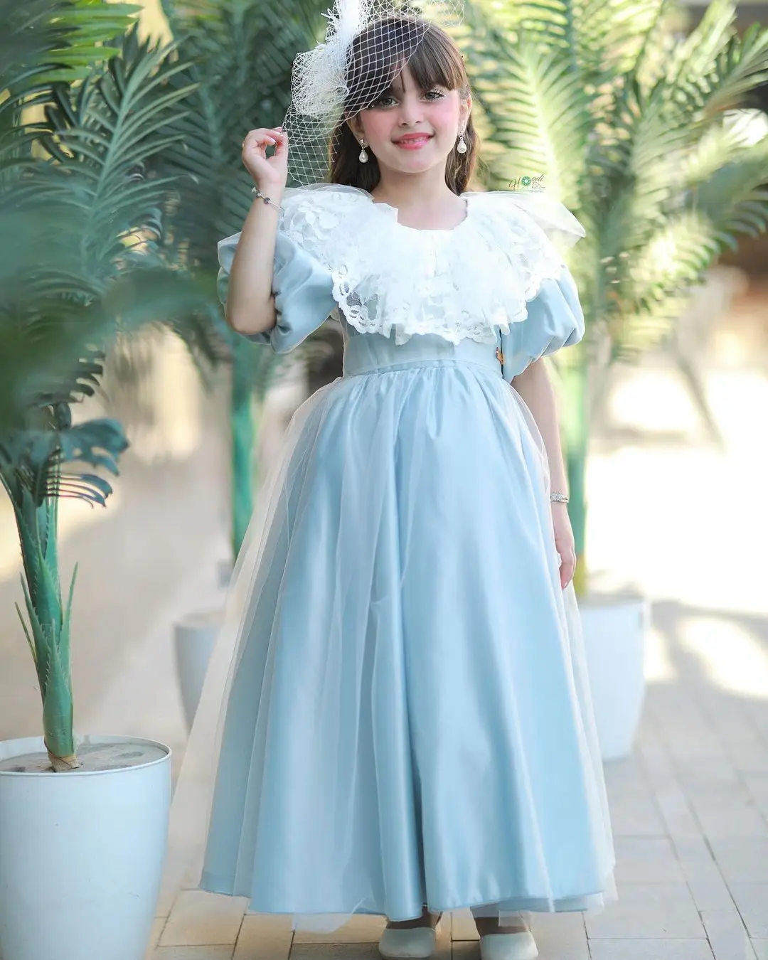 

New Blue Satin Flower Girl Dress For Wedding Lace Short Sleeves Puffy Kid Birthday Princess Dress First Communion Ball Gowns