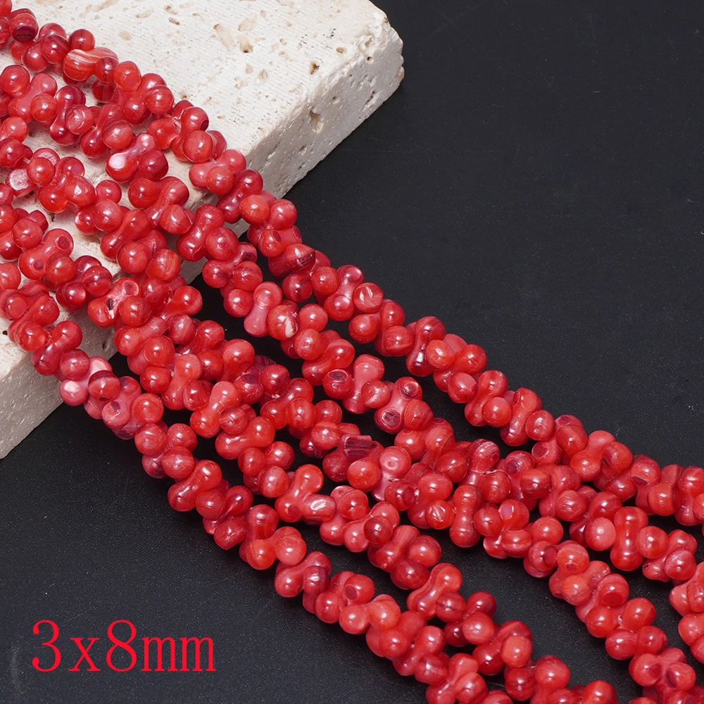 Natural Seawater Shell Red Cross Hole Bone Shape Loose Beads for Diy Bracelets, Necklaces and Other Jewelry Accessories