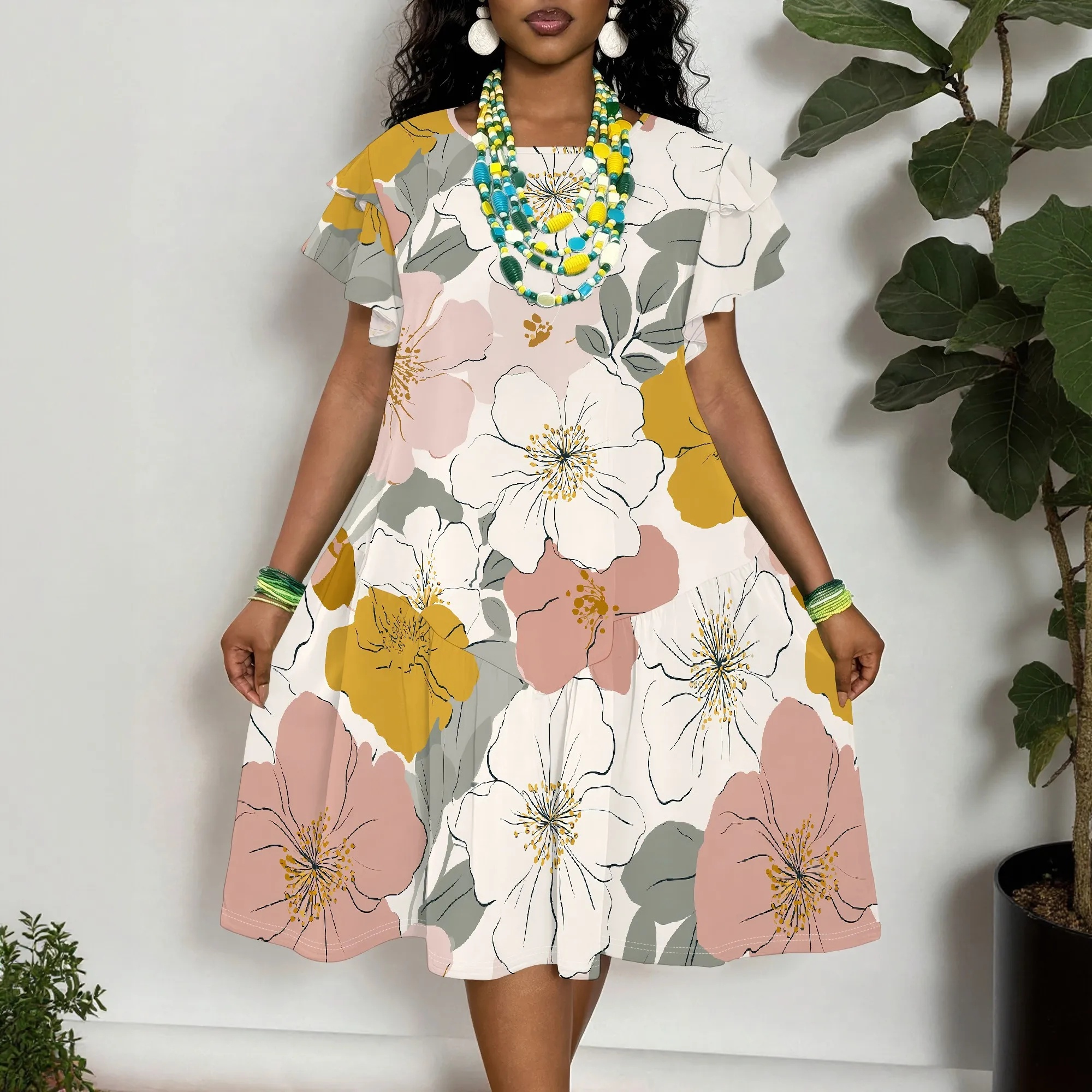 

Women's Floral Print Short Sleeve Dress Casual Loose Fit Summer Midi Dress with Pockets