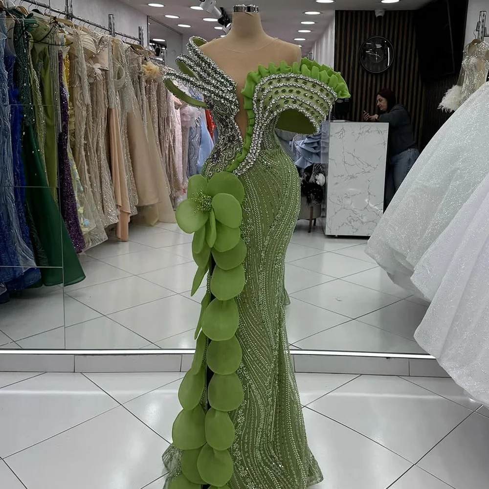 

Rhinestone One-Shoulder Mermaid Gown Green Appliqué Evening Dress Party Dress Prom Dress Cocktail Party Dress Customizable