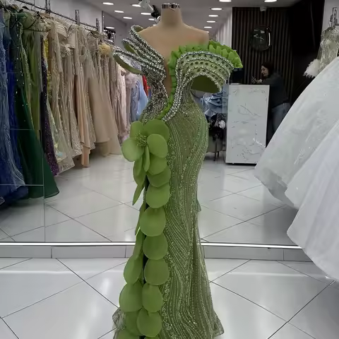 Rhinestone One-Shoulder Mermaid Gown Green Appliqu&eacute; Evening Dress Party Dress Prom Dress Cocktail Party Dress Customizable
