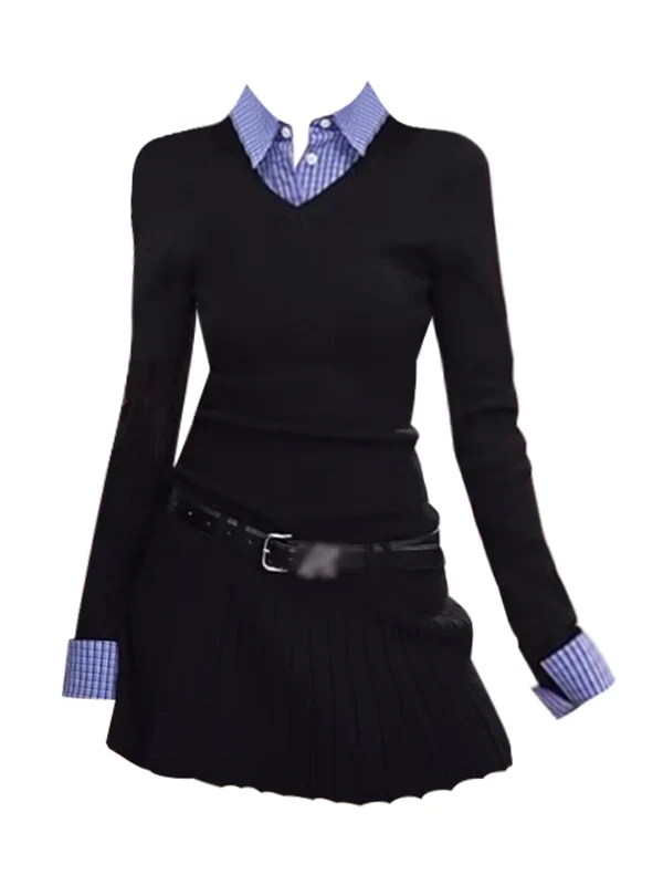 Campus sle xadrez gola irt ort dr feminino outono vintage emagrecimento cintura cinched picante menina duas peças dr