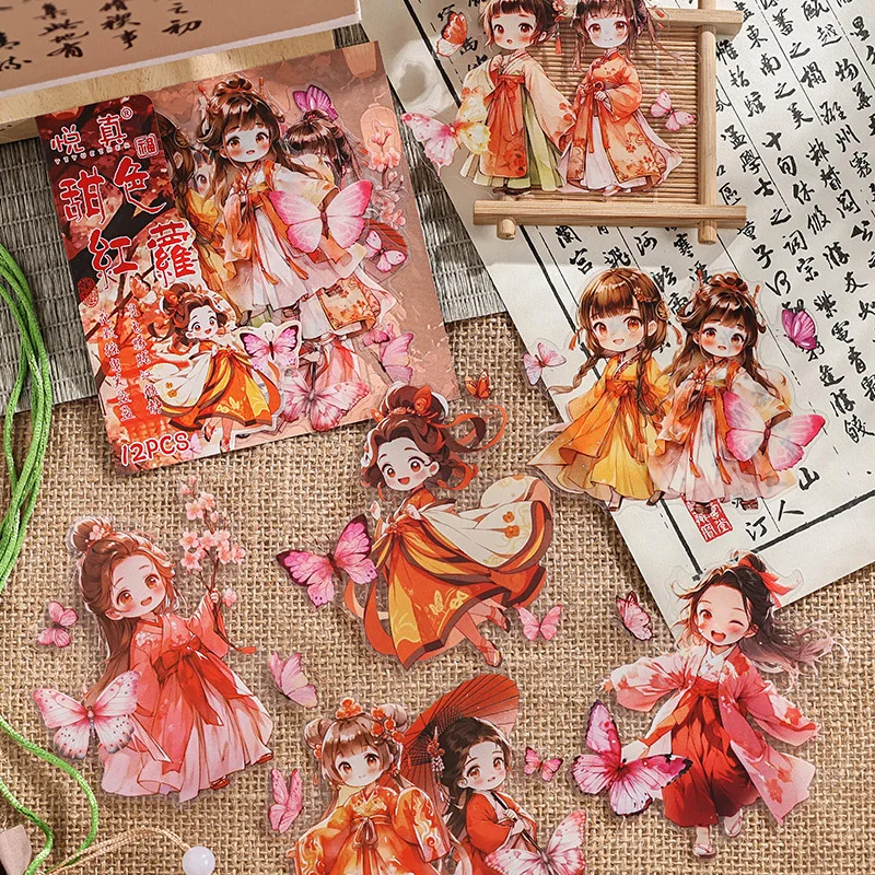 12 pcs Chinese ancient beauty hand bag sticker PET girl figure hand bag sticker sticker hand made Collage material