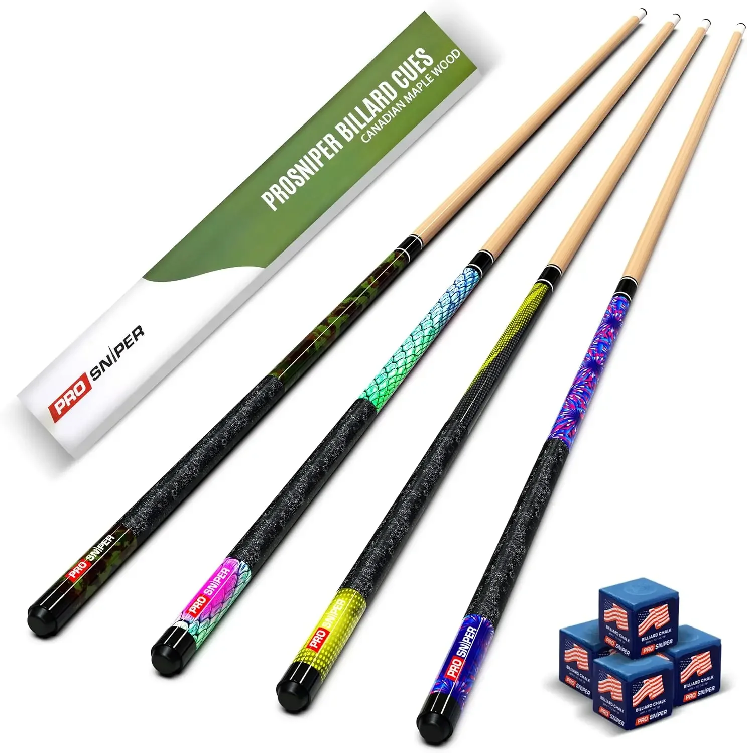 of 4 Pool Cue Sticks Made Canadian Maple Wood | Extra 4 Pool Chalk Included | Unique Design and Durable Cue Sti