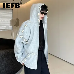 IEFB Trendy Men's Personalized Hoodies Zipper Handmade Pearl Decoration Cardigan Sweatshirt  Men Autumn Hooded Jacket 9C7547