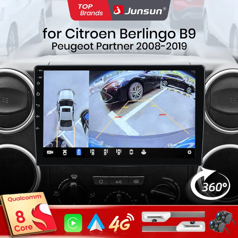 Junsun Qualcomm 8 cœurs 360 caméra CarPlay Android Auto autoradio pour citroën Berlingo B9 Peugeot Partner 2008 - 2019