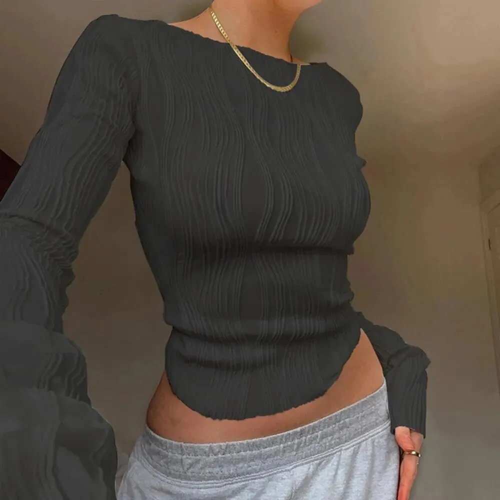 Trendy Bodycon Blouse Lightweight Women Blouse Long Sleeve Simple Ruched Women Short Blouse Stretchy Retro Streetwear image 3