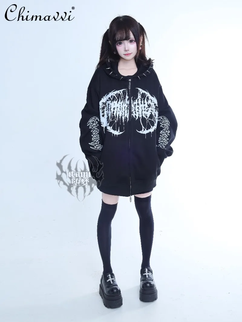 

Autumn New Harajuku Gothic Dark Printed Cool Rivet Zipper Hoodie Coat Women Students Subculture Punk Hooded Black Jacket