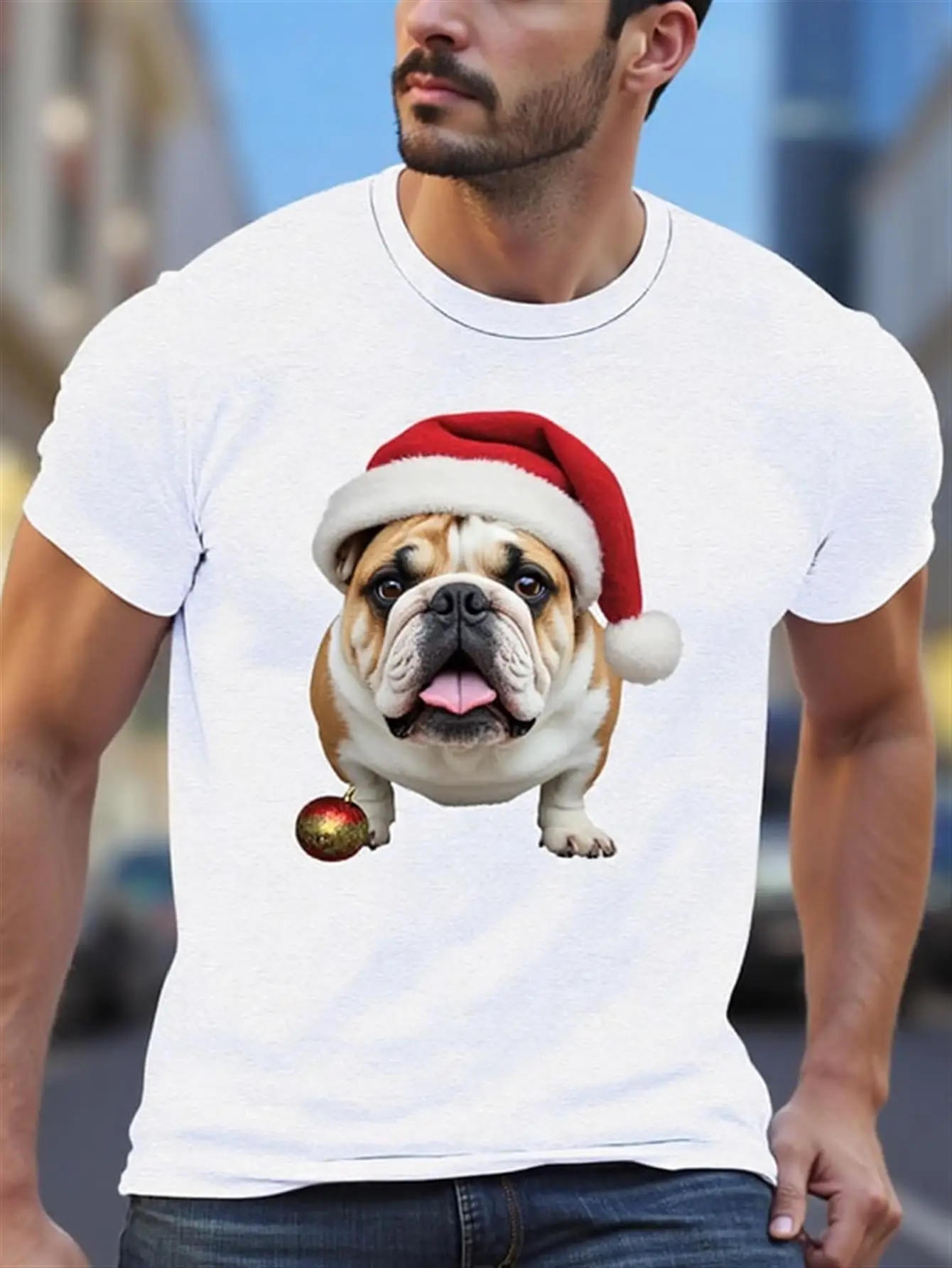 الرجال قبعة عيد الميلاد البلدغ نمط تي شيرت 100% القطن عطلة عادية قصيرة الأكمام طاقم الرقبة قميص عملية نقل الحرارة قابل للغسل متعة هدية الكريسماس لمحبي الكلاب وأصحاب البلدغ الإنجليزية #1