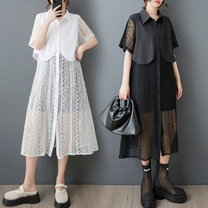 Verão novo solto faion design artístico renda emenda irt dr ele aosphere fibra de poliéster a linha midi dr