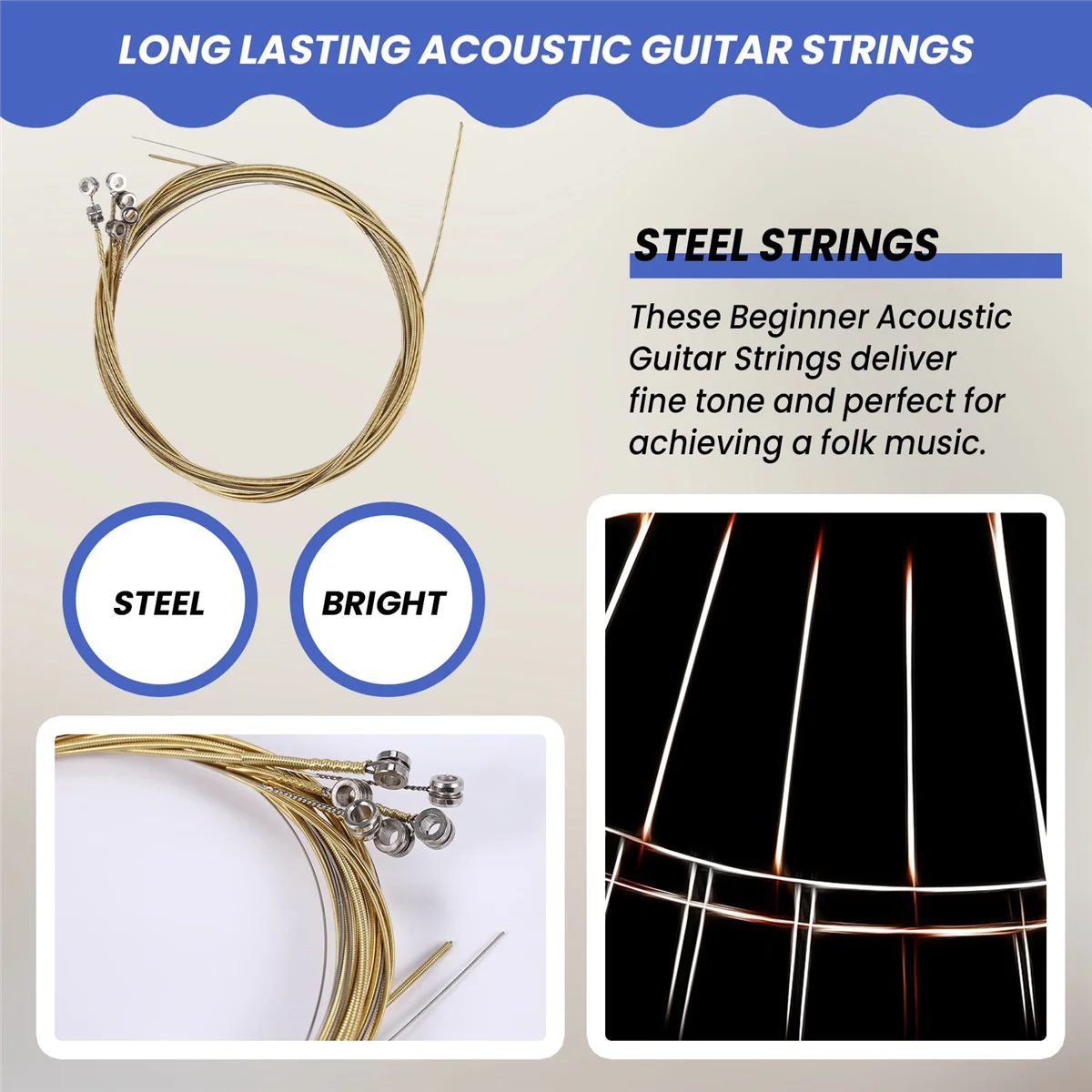 6 Pcs Steel Strings Replacement for Acoustic Guitar New Silver+Brass