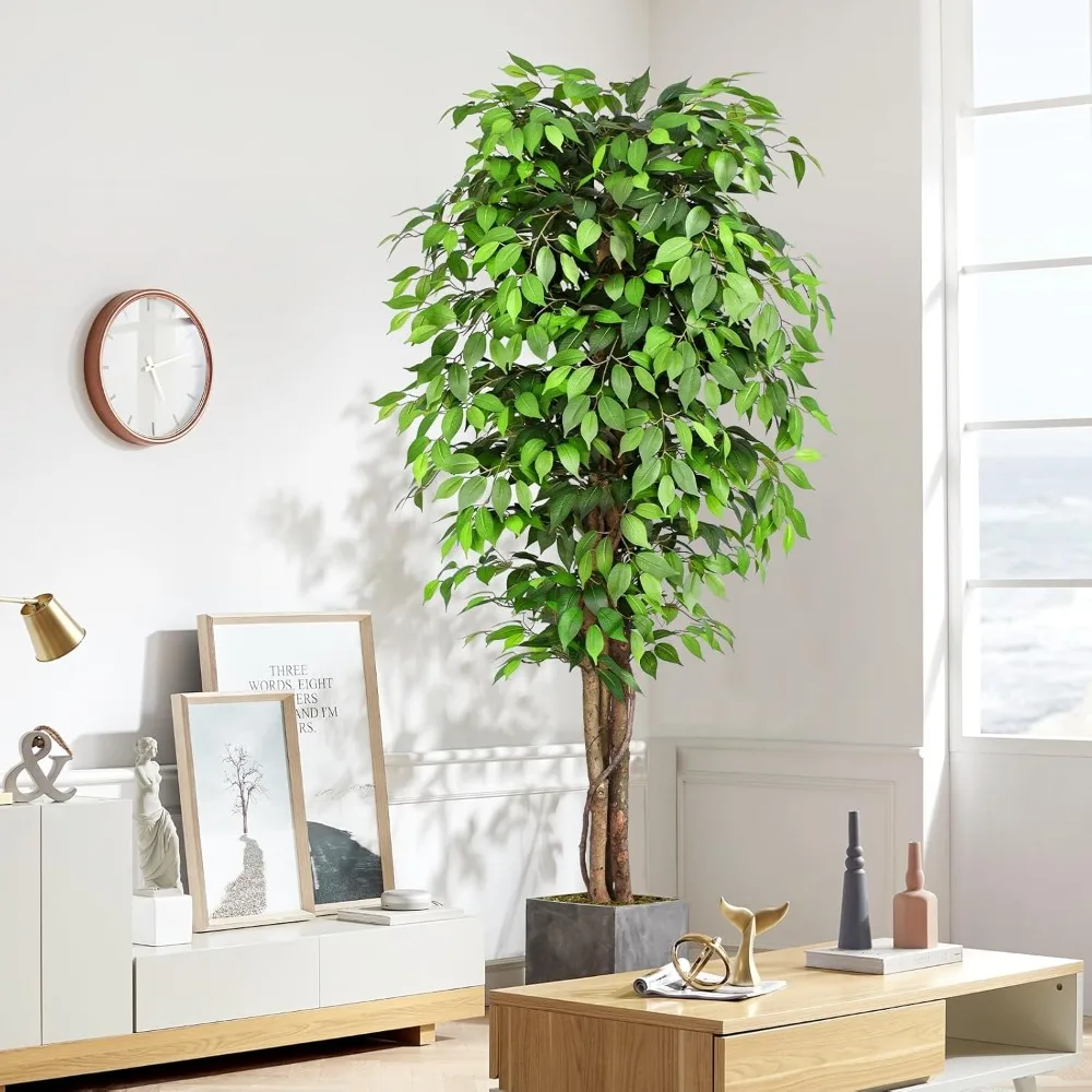7피트 높이의 자연스러운 인조 무화과 나무, 곡선형 줄기와 풍성한 녹색 잎으로 실내 인테리어에 적합