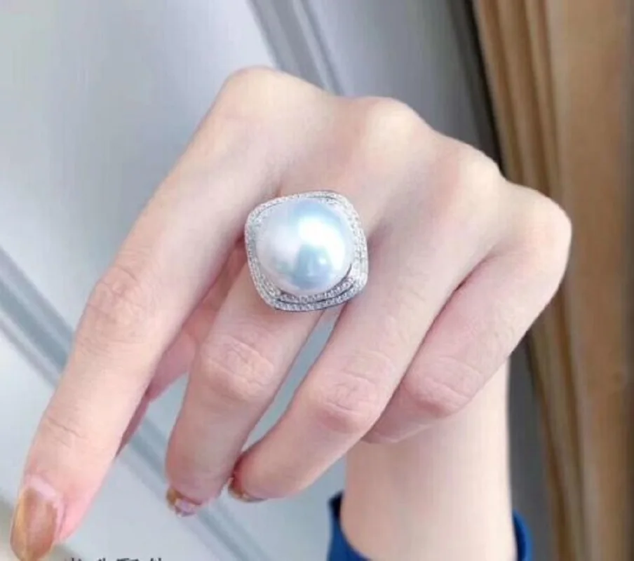 Giant AAAA 11-12mm Real Natural South China Sea White Round Pearl Ring 925S