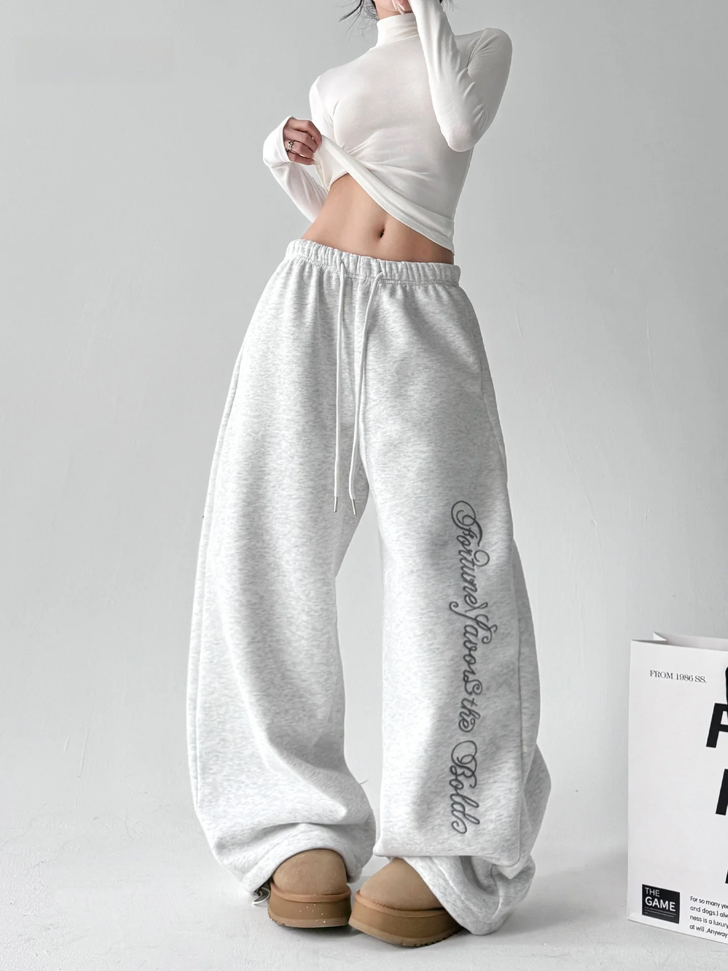 

Women's Loose Fitted Dance Sport Pants High Waist Wide Leg Trousers Fce Lined Casual Hip Hop Streetwear White ey
