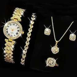 Women's Quartz Watch Gold Luxury Women Ring Necklace Earring Rhinestone Fashion Wristwatch Casual Ladies Watches Jewelry Set