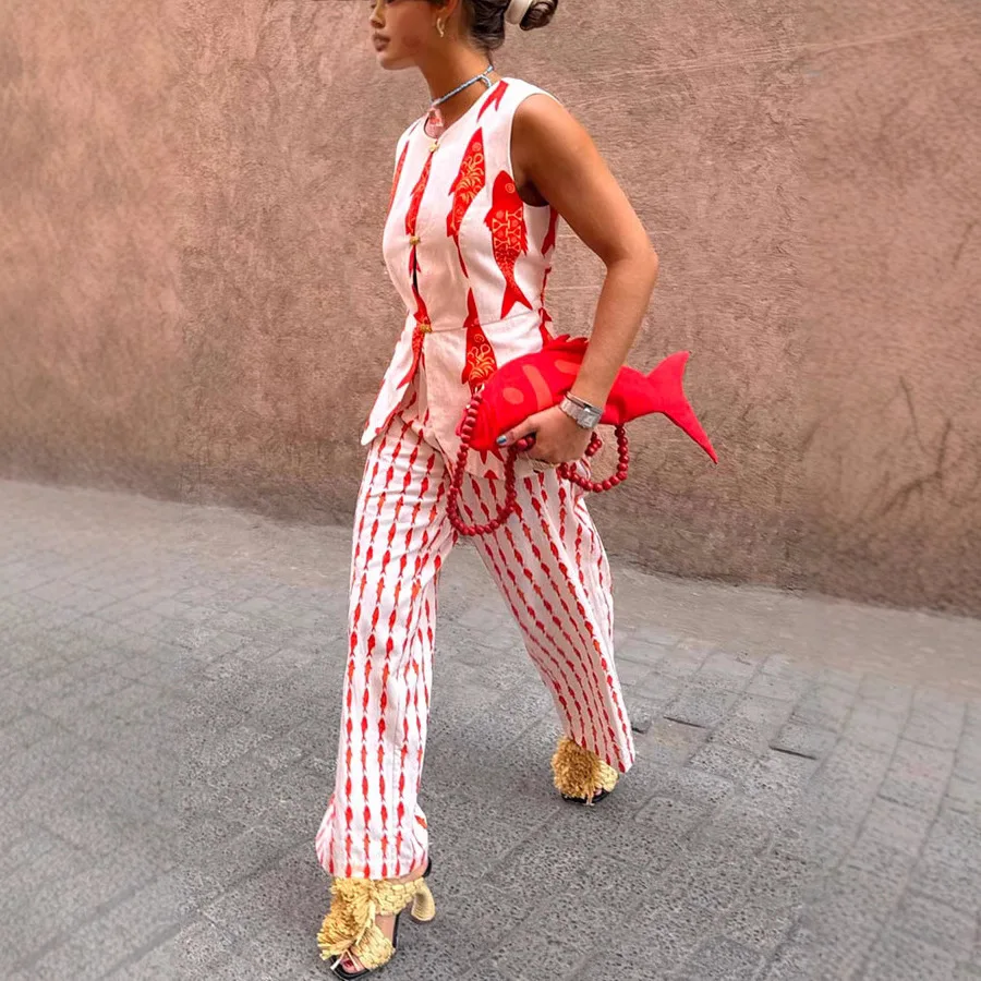 2025 Nuovo set canotta stampata Set elastico in vita allentato Set da due pezzi Completo da donna Pantaloni lunghi Chiusura con bottoni