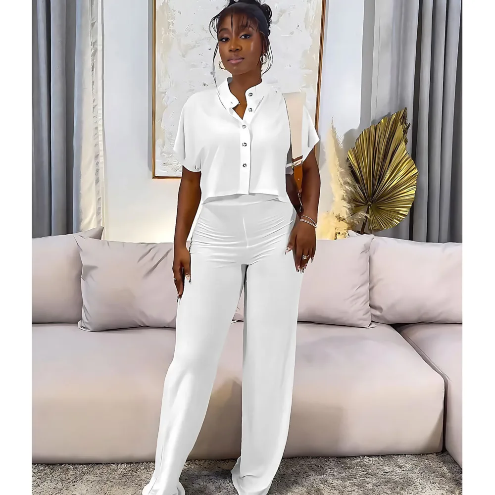 

Womens 2 Piece Outfit Set Versatile Short Cardigan Top Solid Color Straight Leg Black White Women's Pants Casual Two-piece Set