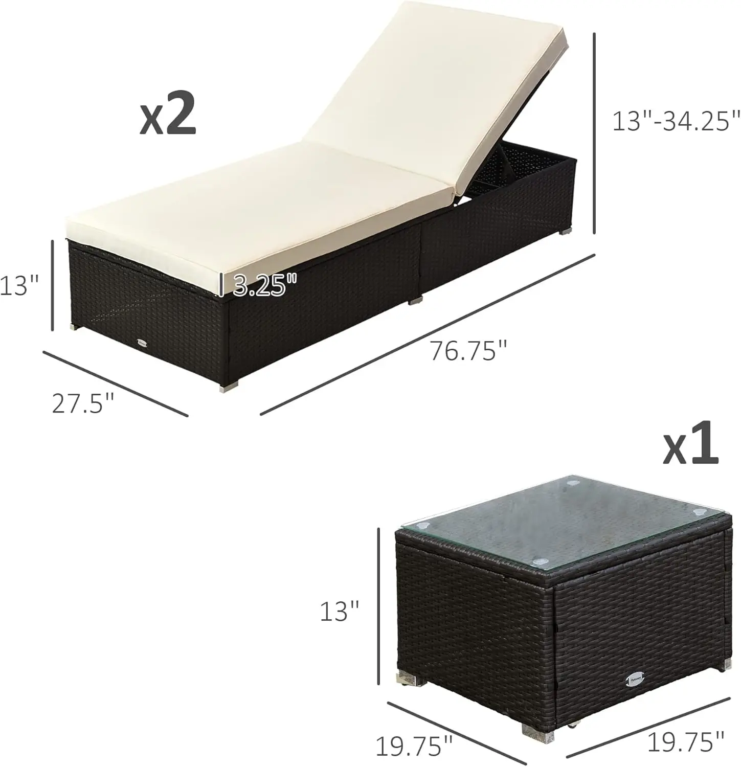 Outsunny Chaiselongue-Set, 2er-Set mit 5-Winkel-Rückenlehne, Couchtisch für den Außenbereich, wasserabweisende Kissen, Poolseite aus PE-Rattangeflecht