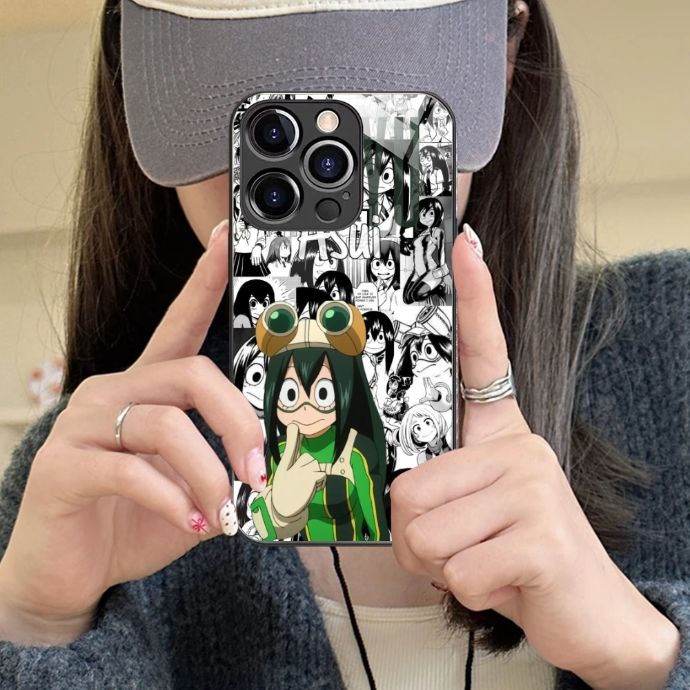 Hero Tsuyu Asui Froppy Cell Phone Case for iPhone 15 14 13 12 11 X XR XS 8 Pro Max Plus Mini PC Glass Phone Cover Shell