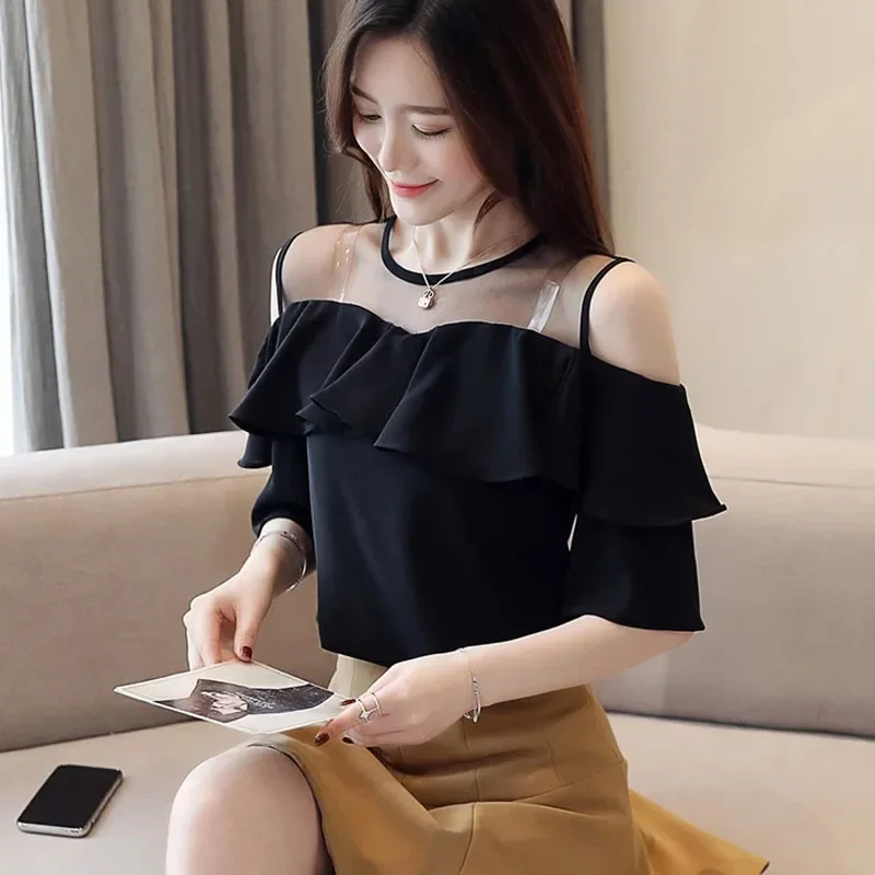 Summer Short Sleeve Ruffles Chiffon Women Blouse Off Shoulder Top Fashion Elegant Shirt