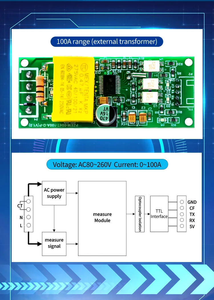 PZEM-004T-D-P Energie Leistungs messer Watt meter 220V Strom verbrauchs messer Spannungs strom Voltmeter ttl Modbus PCB nur – Detail 5