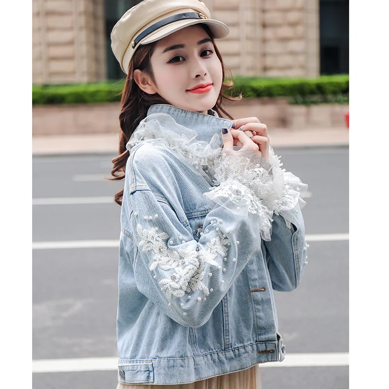 2023 Spring Autumn Beaded Yarn Mesh Lace Lotus Leaf Embroidery Diamond Denim Coat Women's Jean Jacket Fashion