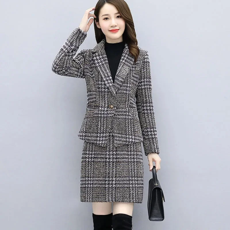 2023 Fashion Autumn Woolen Plaid Winter Two-piece Suit Women Casual Sets Short Blazers Jacket Coat Sheath Skirts 2-piece Sets