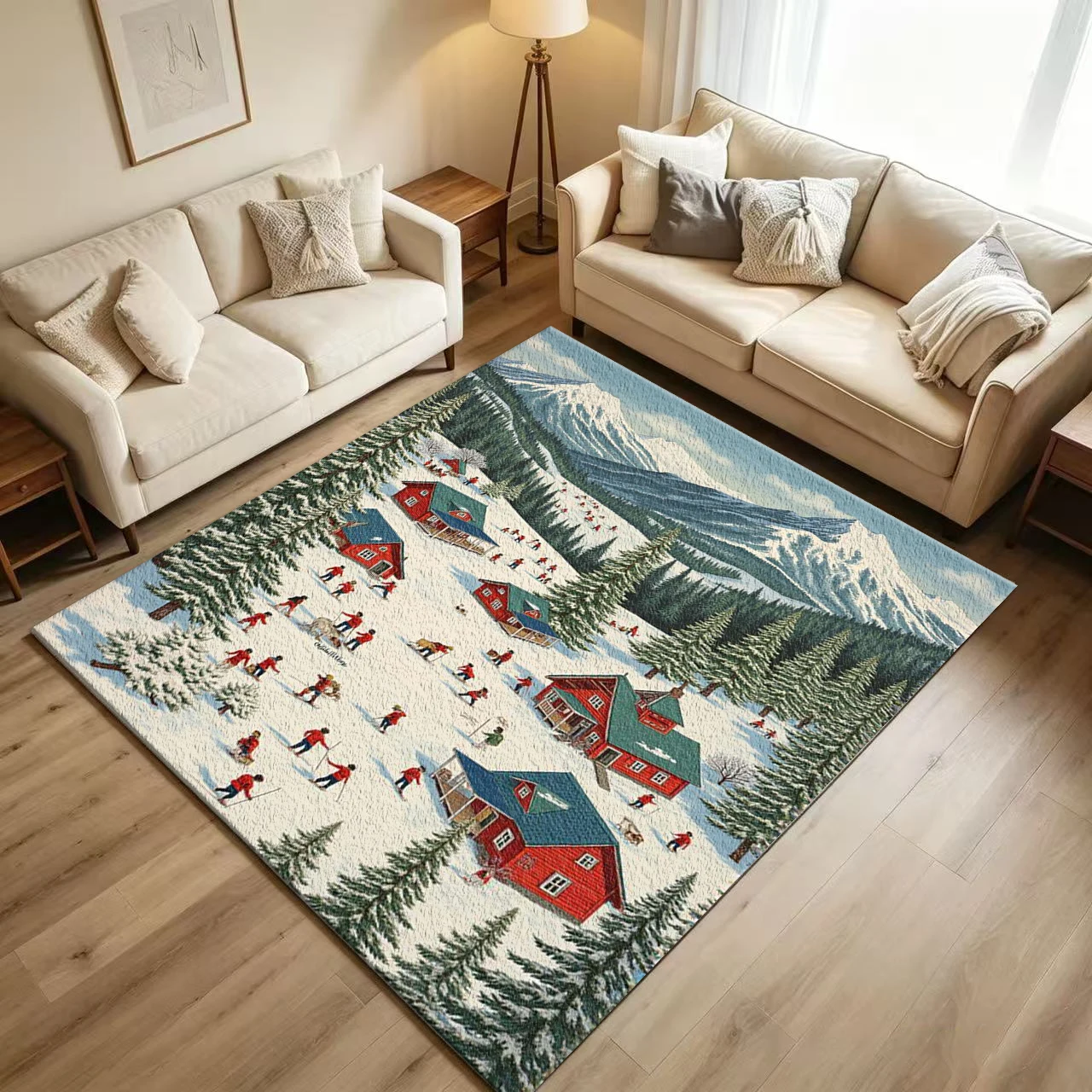 Alpine Winter Ski Resort Scenery Carpet Flooring Retro Snow Mountain Village Printed Floor Rug for Home Indoor Festive Decor