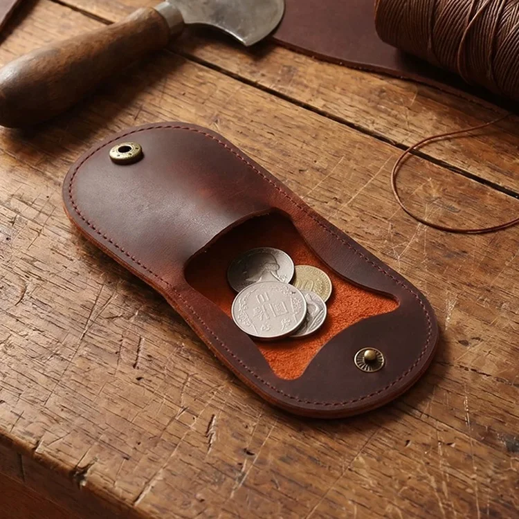Leather Coin Pouch Mini Change Purse Vintage Crazy Horse Cowhide Compact Pocket Coin Holder Snap Button Small Bag