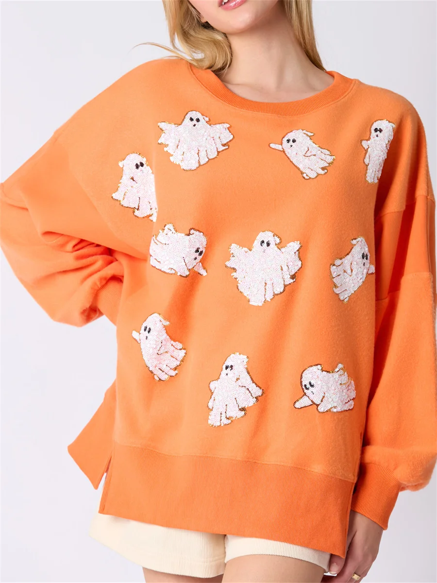 Women Sequin Ghost Halloween Sweatshirts Long Sleeve Sparkle Glitter Ghost Halloween Ugly Pullover