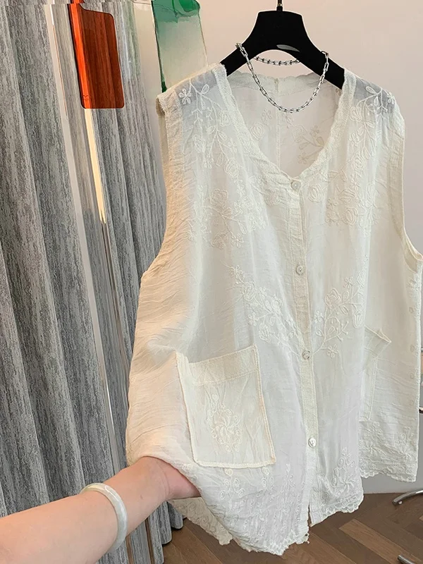 Retro cotone ricamato Casual V-Ne dimagrante irt Estate 2025 New Sle Double ket Svel Top Faion da donna