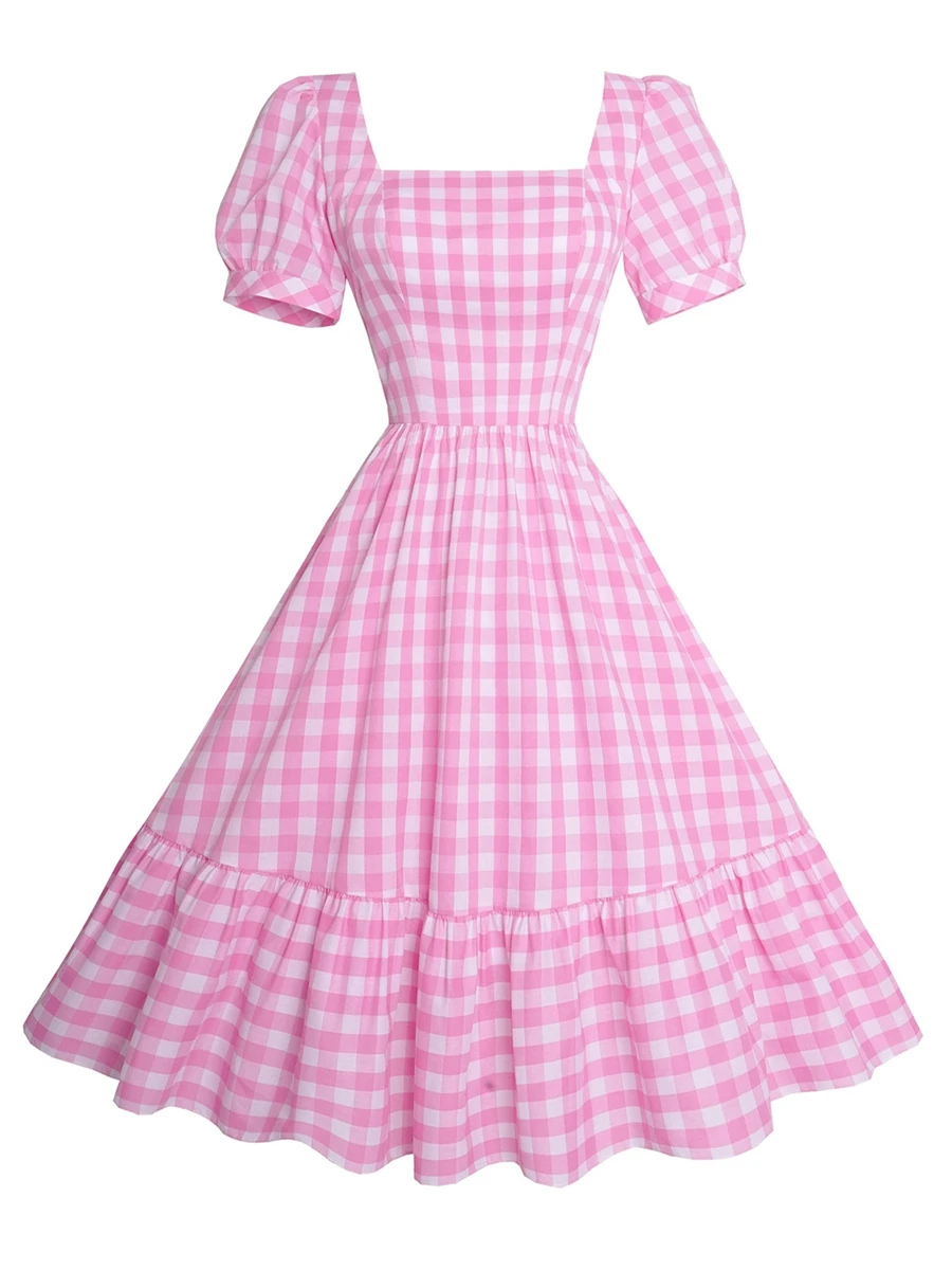 

Women Pink Plaid Dress Short Puff Sleeve Square Neck Midi Dress Big Swing A-line Party Dress Summer Holiday