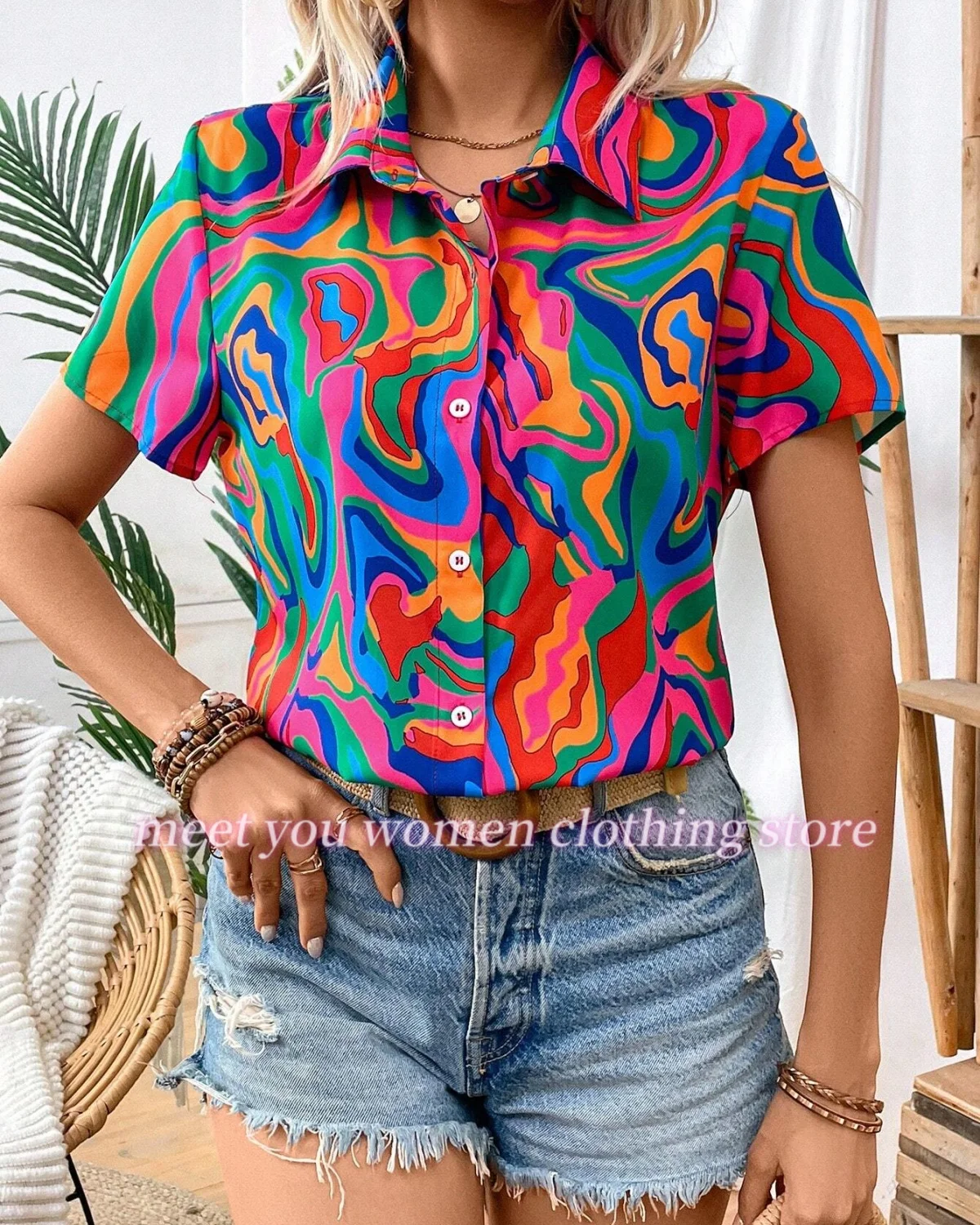 Women  Psychedelic Print Beach Sunscree Shirts Fashion Shirts 2025 Summer Leisure Short Sleeved Shirts Loose Lady Shirts