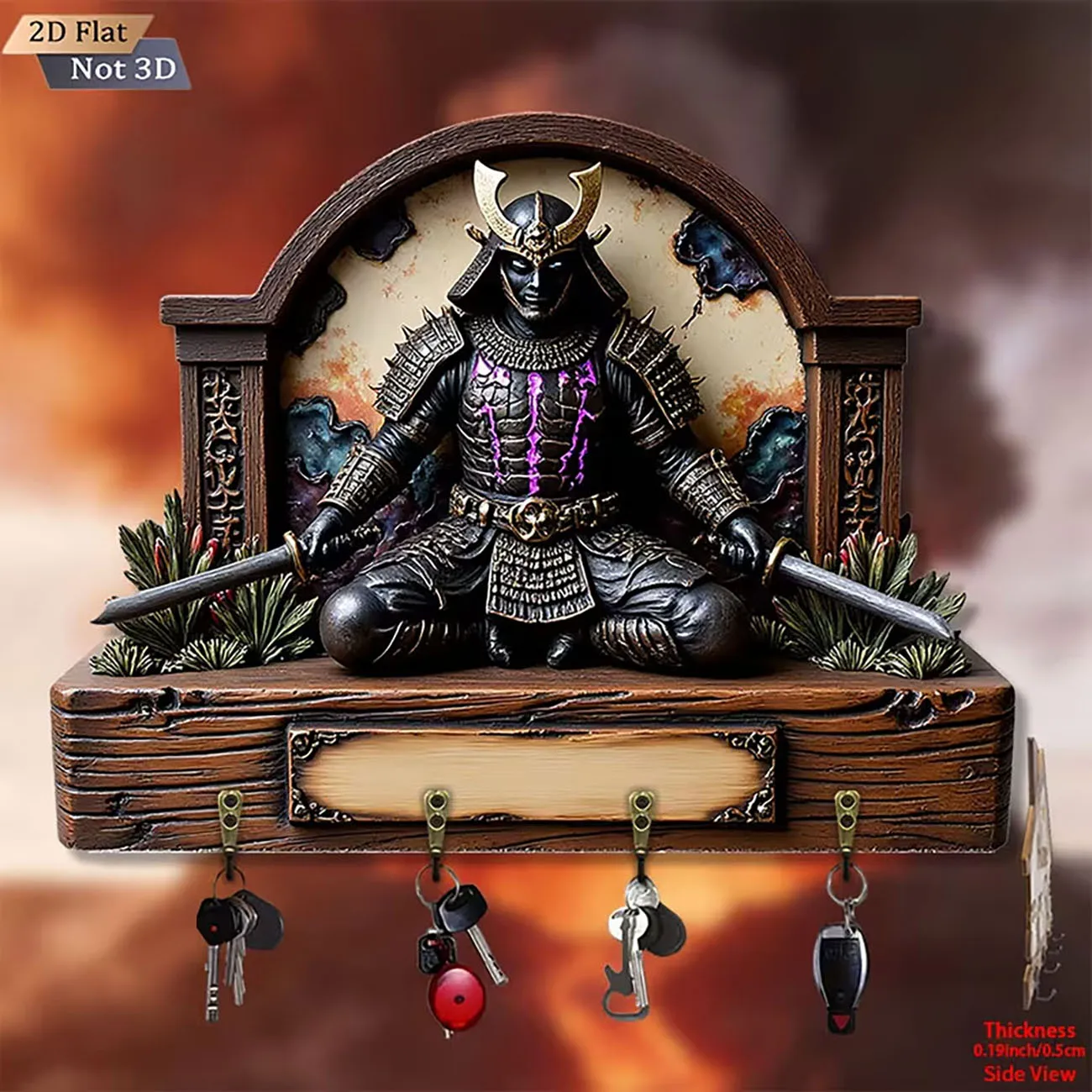 Samurai Warrior Sitting Pose Wooden Key Hook Wall Hanging Decor With Four Metal Hooks 2D Flat HD Print