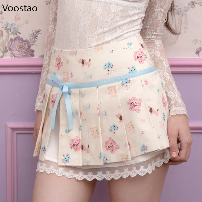 

Sweet Lolita Style Mini Skirt Women Kawaii Lace Ruffles Cartoon Print JK Pleated Skirts Gothic Sexy Y2k Fairy Party Short Skirts