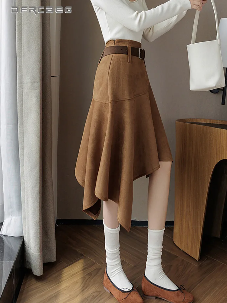 

Autumn Winter Coffee Irregular Knee Length Suede Skirt American Retro Hot Girl Big Swing Midi Skirts With Belt