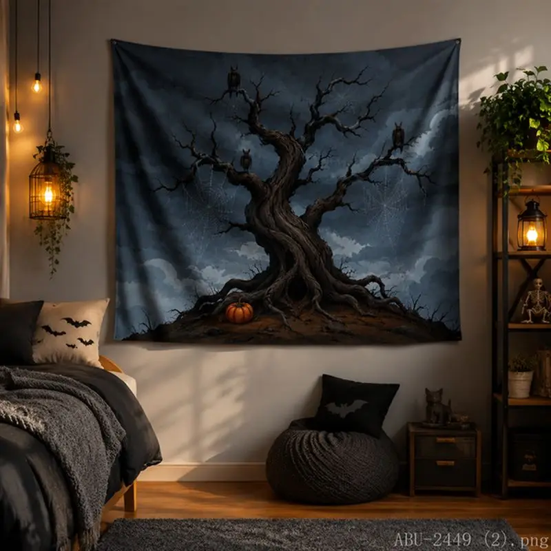 VIKAMA Tapisserie d'Halloween avec hiboux des arbres anciens, citrouilles et toiles d'araignée, pour une ambiance tranquille dans la salle de thé et la décoration du salon