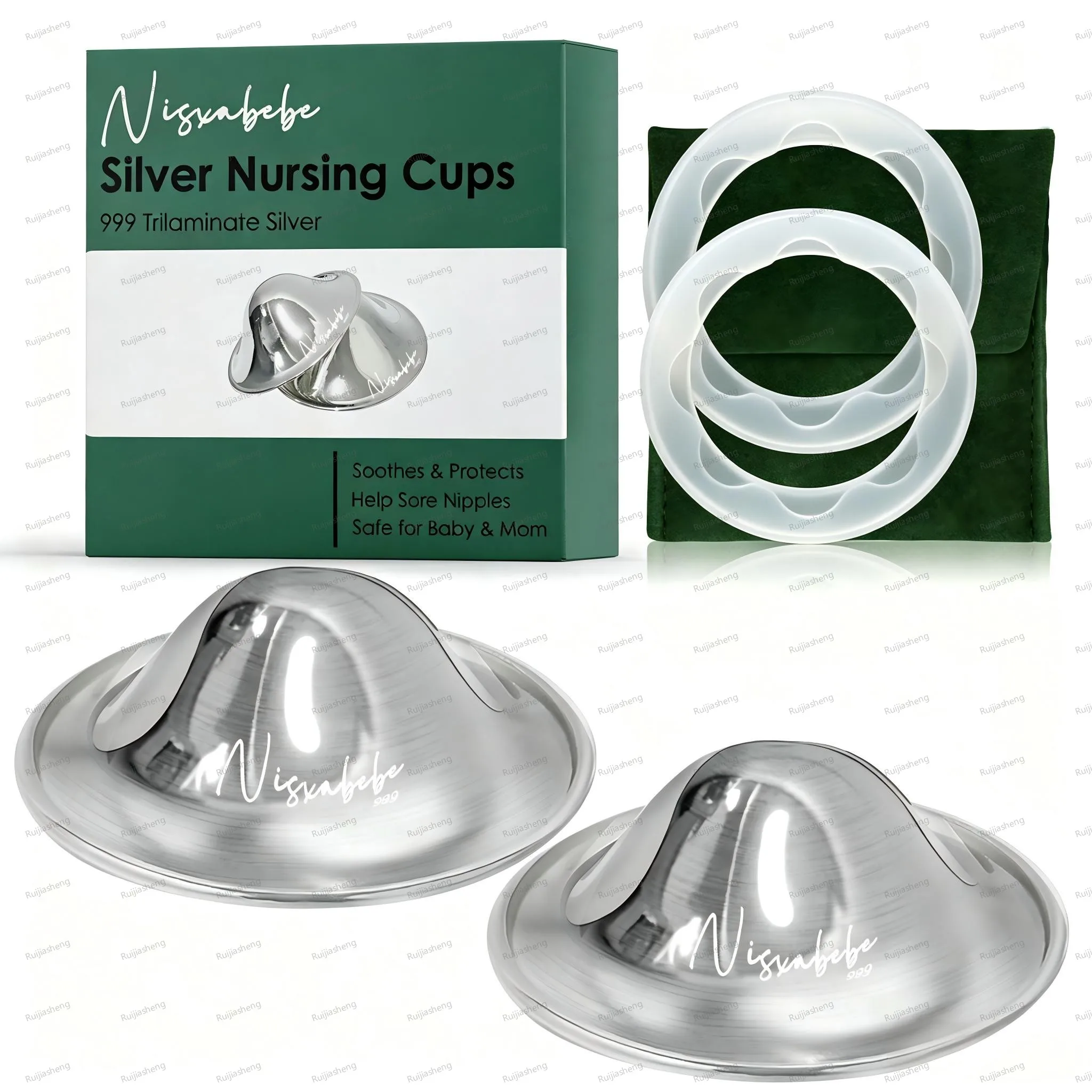 The Original Silvery Nursing Cups, 2 Pcs Trilaminate Silver Nipple Shields with 2 Silicone Proctect Rings for Breastfeeding