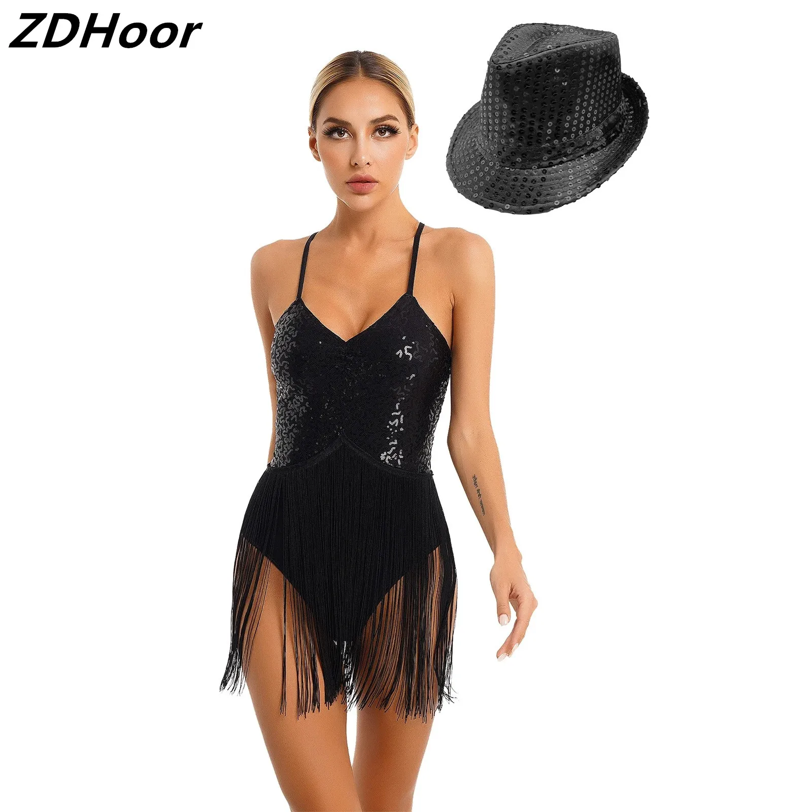 

Womens Glittery Sequins Latin Cha-Cha Dance Leotard Set Fringed Bodysuit V Neck Adjustable Straps Tassel Leotard with Hat