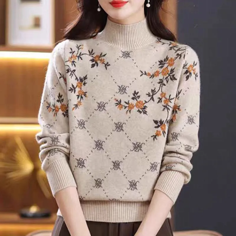 Pull en laine imprimé Vintage pour Femme, haut en laine, manches longues, col roulé, chaud, vêtements bas, chemisier tricoté