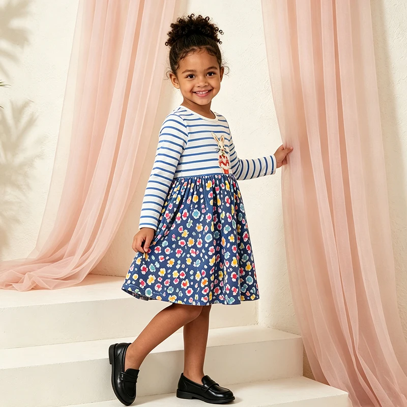 2026 Autumn Cross-border Children's Striped Crew Neck Long Sleeve Dress European and American Style Rabbit Applique Baby